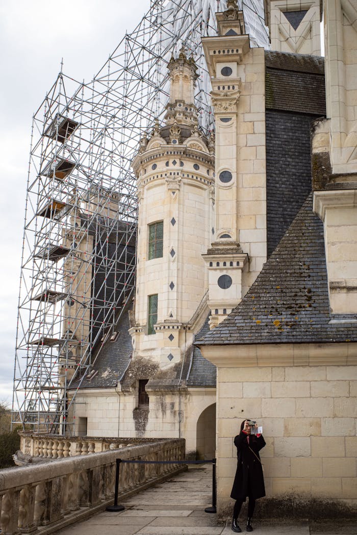 Scaffolding on Château de Chambord in France during renovation.
